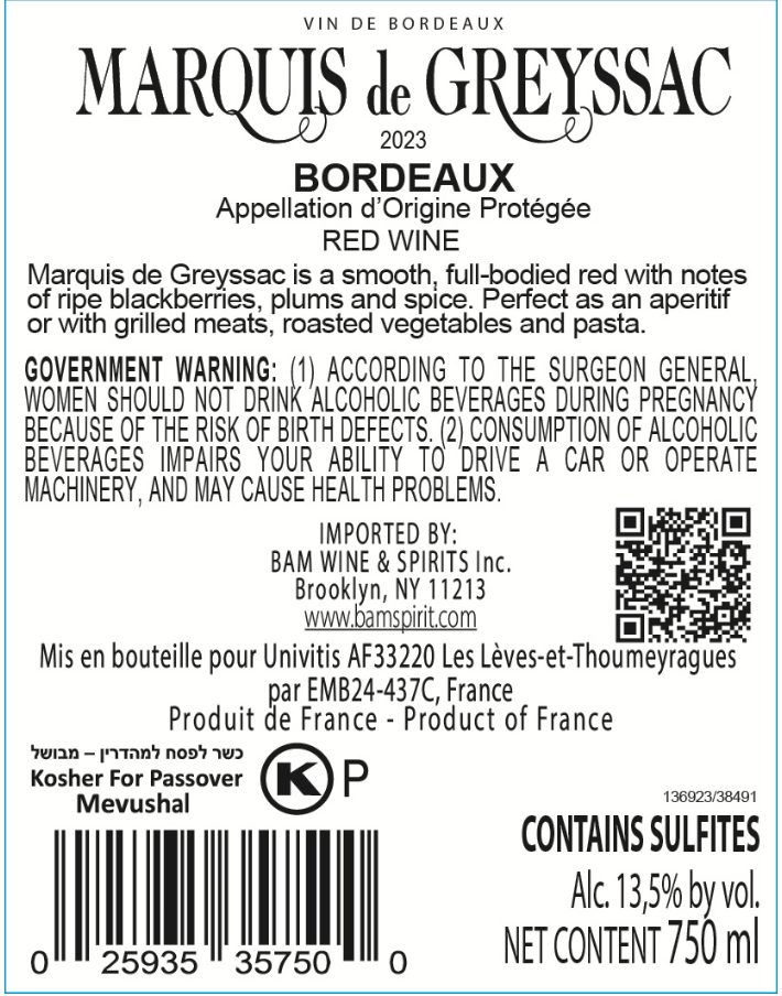 Marquis de Greyssac Bordeaux Red Wine 2023